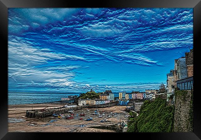 Tenby Harbour Textured Framed Print by Steve Purnell