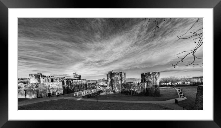 Caerphilly Castle Panorama Mono Framed Mounted Print by Steve Purnell