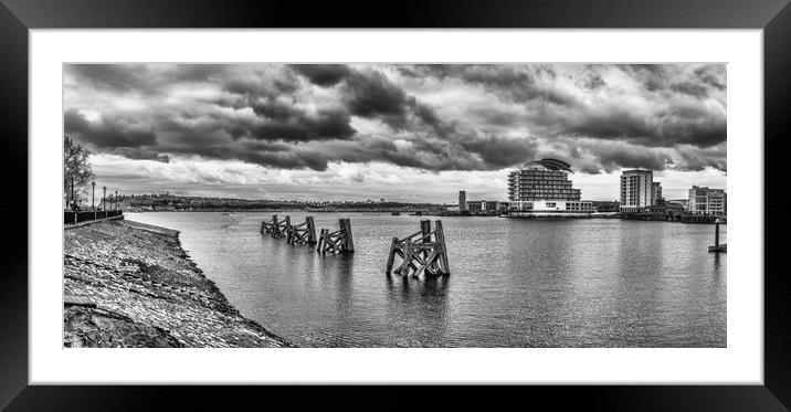 Cardiff Bay Panorama Mono Framed Mounted Print by Steve Purnell