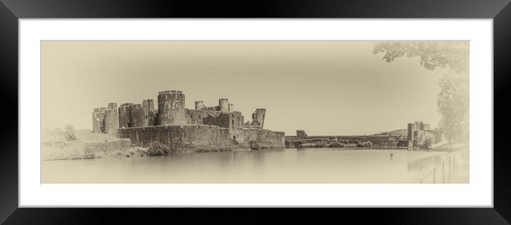 Caerphilly Castle Panorama Antique Framed Mounted Print by Steve Purnell