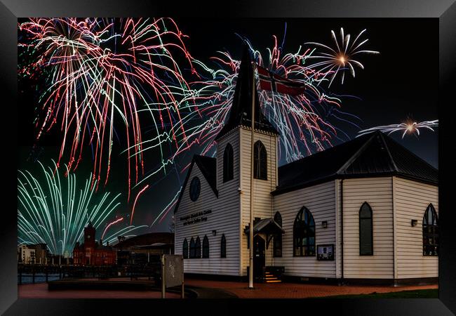 Fireworks Over The Norwegian Church Framed Print by Steve Purnell
