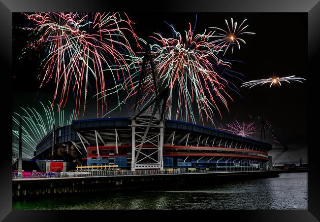 Fireworks Over The Principality Stadium Framed Print by Steve Purnell