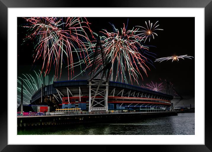Fireworks Over The Principality Stadium Framed Mounted Print by Steve Purnell