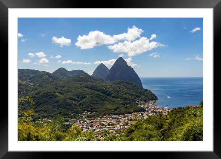 The Pitons and Soufriere Bay on St Lucia Framed Mounted Print by Roger Green