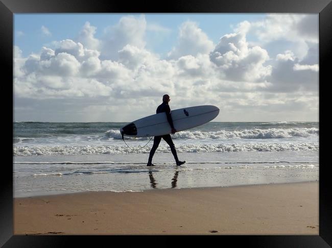 Surfer at Langland Bay. Framed Print by Becky Dix