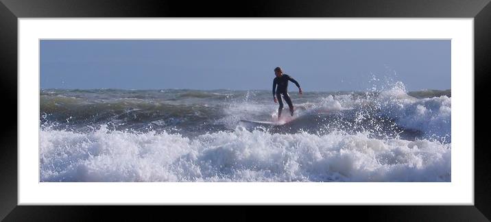 Surfing at Langland Bay. Framed Mounted Print by Becky Dix