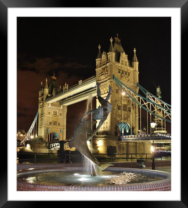 Tower Bridge and Girl with a Dolphin Fountain. Framed Mounted Print by Becky Dix