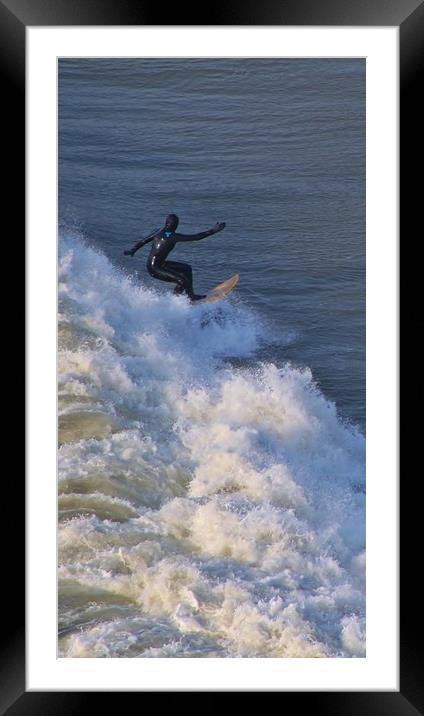 Surfing at Rhosilli Bay. Framed Mounted Print by Becky Dix