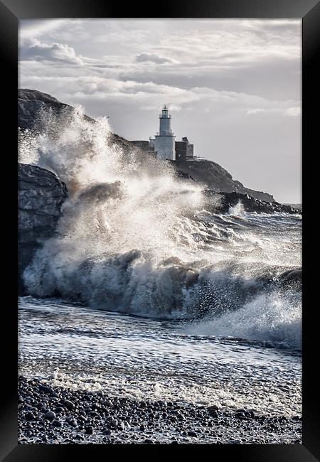 Mumbles Lighthouse Waves. Framed Print by Becky Dix