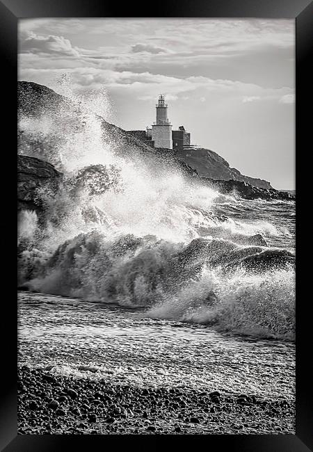 Mumbles Lighthouse Stormy Waves. Framed Print by Becky Dix