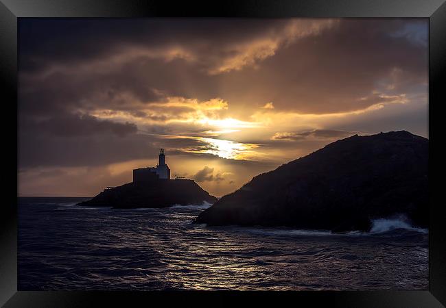 Mumbles Lighthouse at Sunrise. Framed Print by Becky Dix