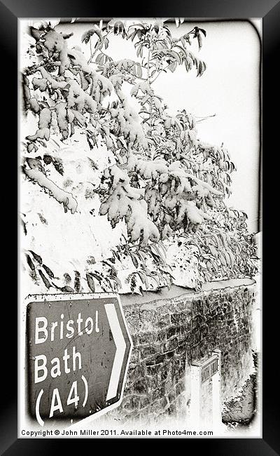 Bristol/Bath Road Sign In the Snow Framed Print by John Miller