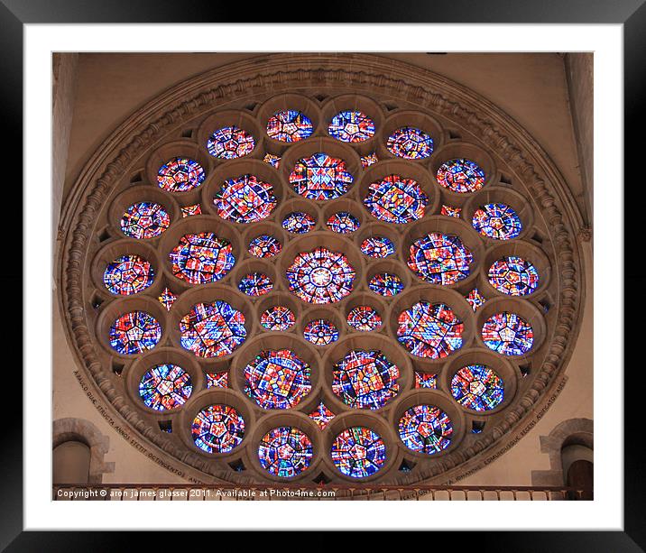 st albans cathedral glass panel Framed Mounted Print by aron james glasser