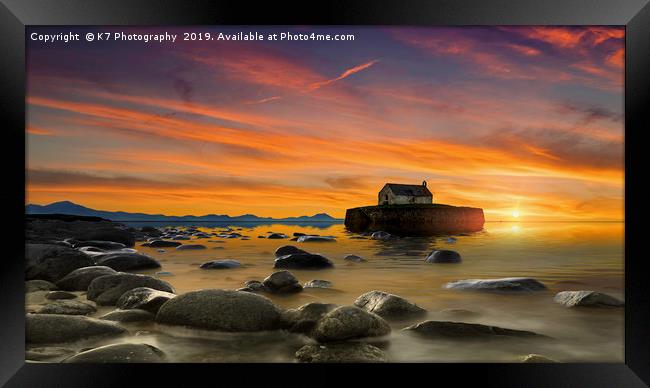 Sunset over St Cwyfan's Church, Anglesey. Framed Print by K7 Photography
