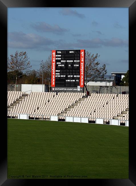 The Ageas Bowl Cricket Score Board Framed Print by Terri Waters