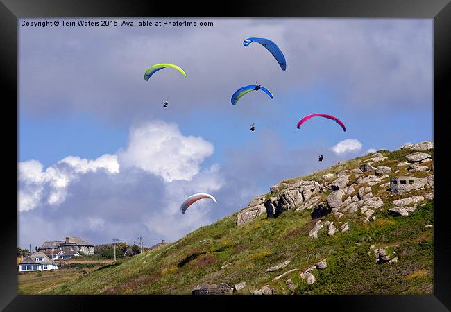 Paragliding Over Sennen Cove  Framed Print by Terri Waters