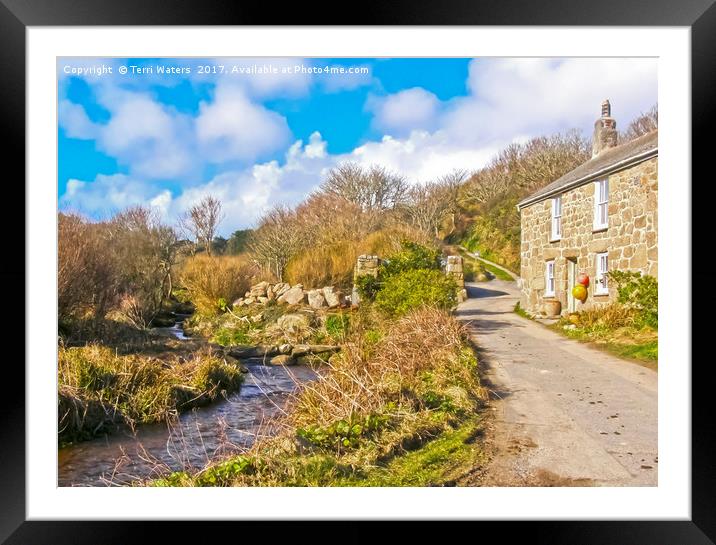 Penberth Stream And A Stone Cottage Framed Mounted Print by Terri Waters