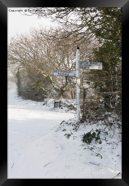 Snowy Cornish Signpost Framed Print by Terri Waters
