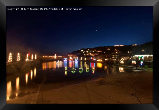 Mousehole Harbour Christmas Lights Framed Print by Terri Waters