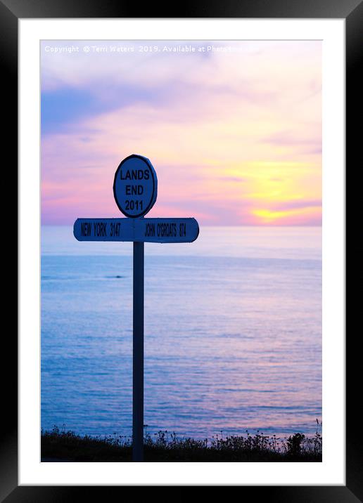 Sunset at Land's End Signpost Framed Mounted Print by Terri Waters