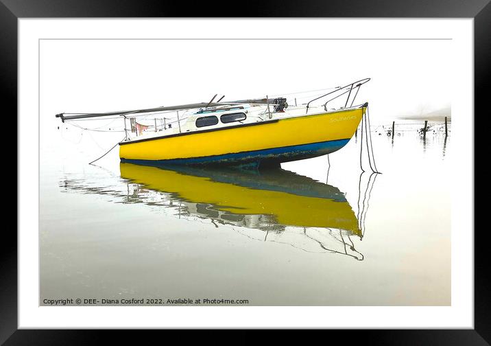 Southerlies, Yellow Yacht moored near Freston Reac Framed Mounted Print by DEE- Diana Cosford