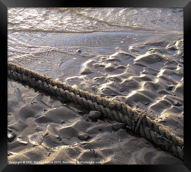 Rope across wet rivulets of sand. Framed Print by DEE- Diana Cosford