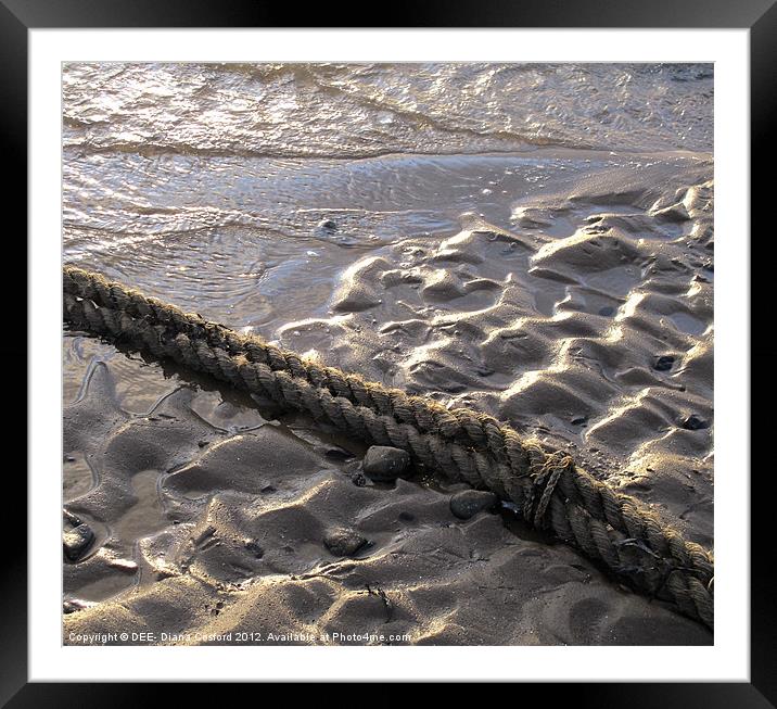 Rope across wet rivulets of sand. Framed Mounted Print by DEE- Diana Cosford