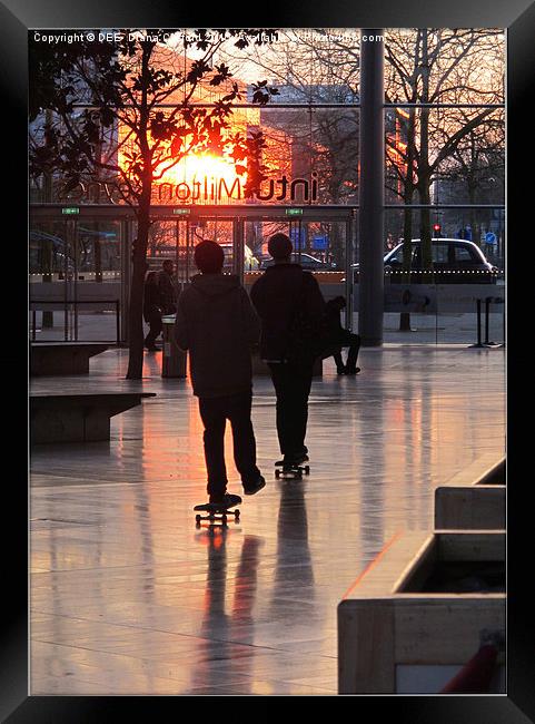 Milton Keynes Centre sunset & skateboarders  Framed Print by DEE- Diana Cosford