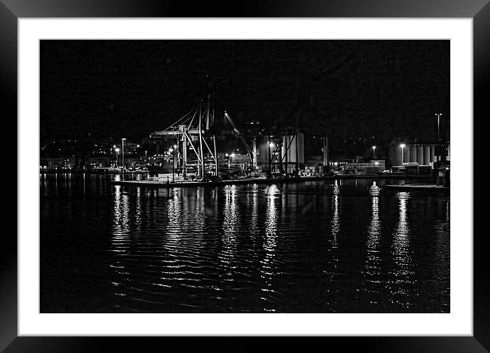  Ancona harbour at night. Mono. Framed Mounted Print by Colin Metcalf