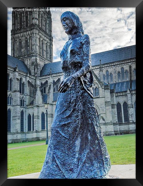 Salisbury Cathedral And The Walking Madonna 2 Framed Print by Linsey Williams