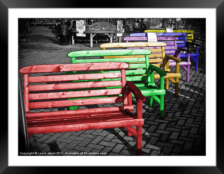 Colourful Garden chairs. Framed Mounted Print by Laura Jarvis