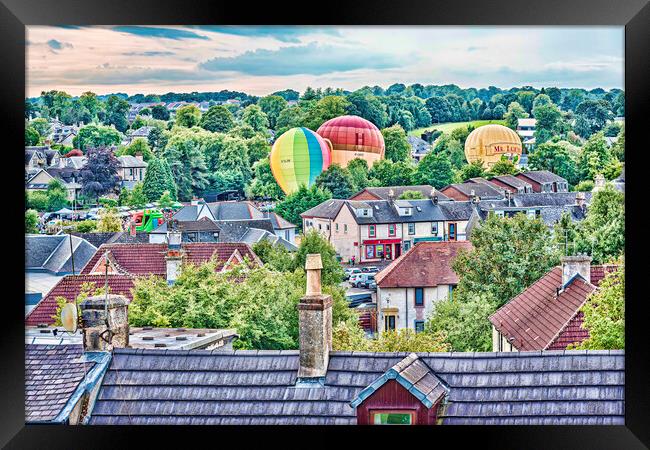 Balloons Over Strathaven Roofs Framed Print by Valerie Paterson