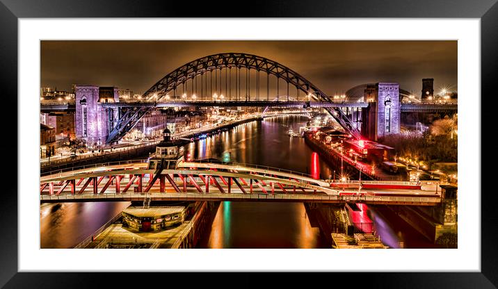 Tyne Bridges at Night Framed Mounted Print by Valerie Paterson