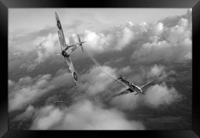 Spitfire shoots down Messerschmitt Bf 109, B&W version Framed Print by Gary Eason