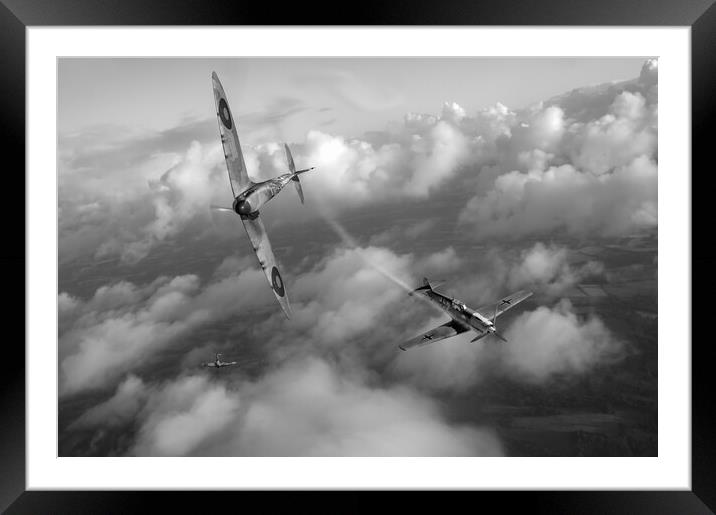 Spitfire shoots down Messerschmitt Bf 109, B&W version Framed Mounted Print by Gary Eason