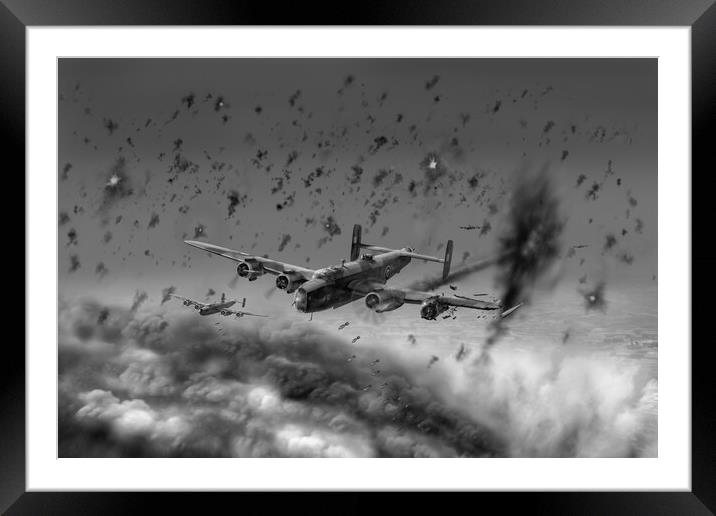 Halifax hit by flak over Gelsenkirchen BW version Framed Mounted Print by Gary Eason