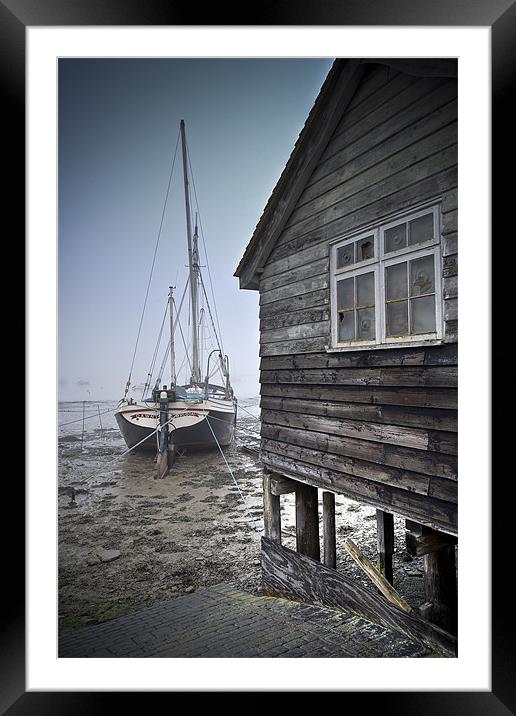 Sailing barge and shed, freezing fog Framed Mounted Print by Gary Eason
