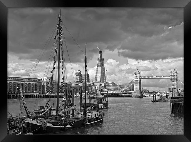 Boats, Shard, bridge, B&W Framed Print by Gary Eason