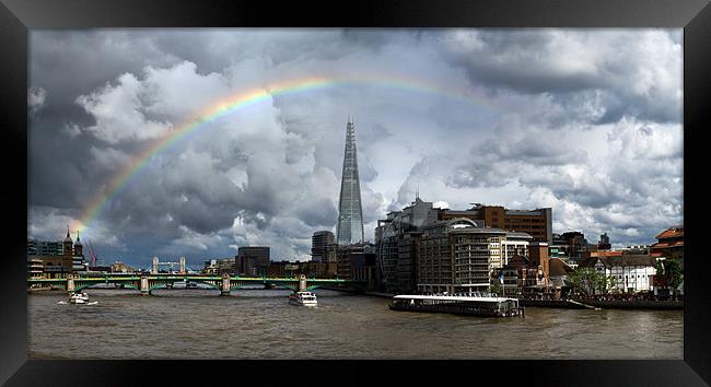 Thames rainbow with Shard and Globe Framed Print by Gary Eason