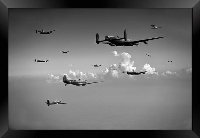 Spitfires escorting Lancasters black and white ver Framed Print by Gary Eason