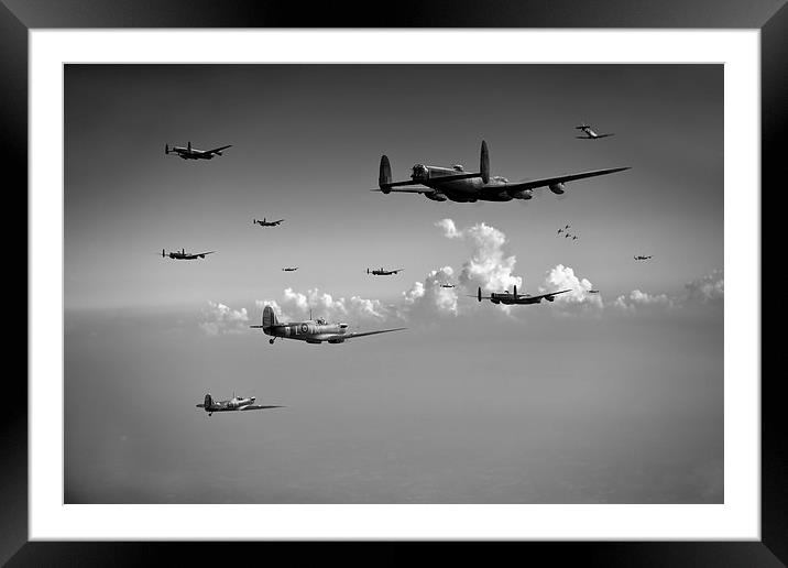 Spitfires escorting Lancasters black and white ver Framed Mounted Print by Gary Eason