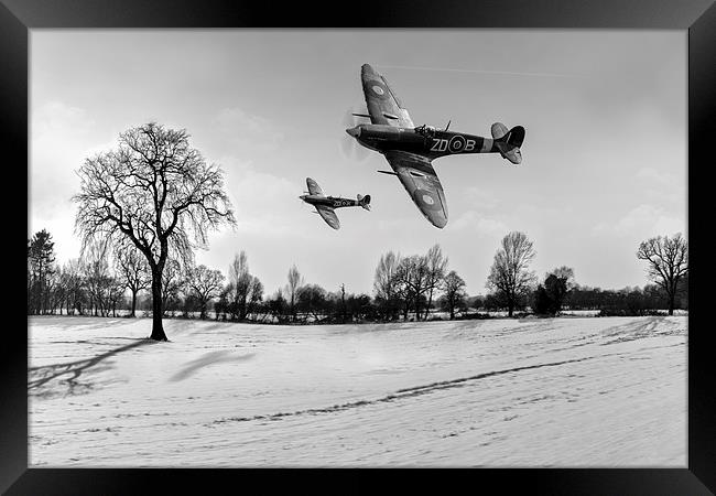 Low-flying Spitfires in winter B&W Framed Print by Gary Eason