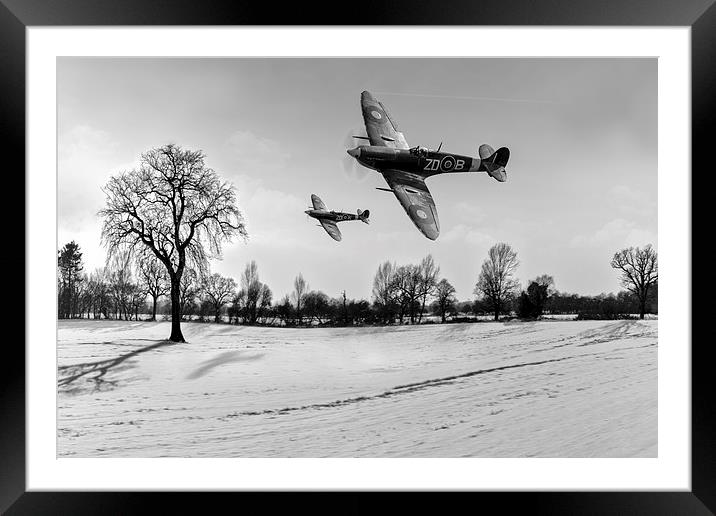 Low-flying Spitfires in winter B&W Framed Mounted Print by Gary Eason
