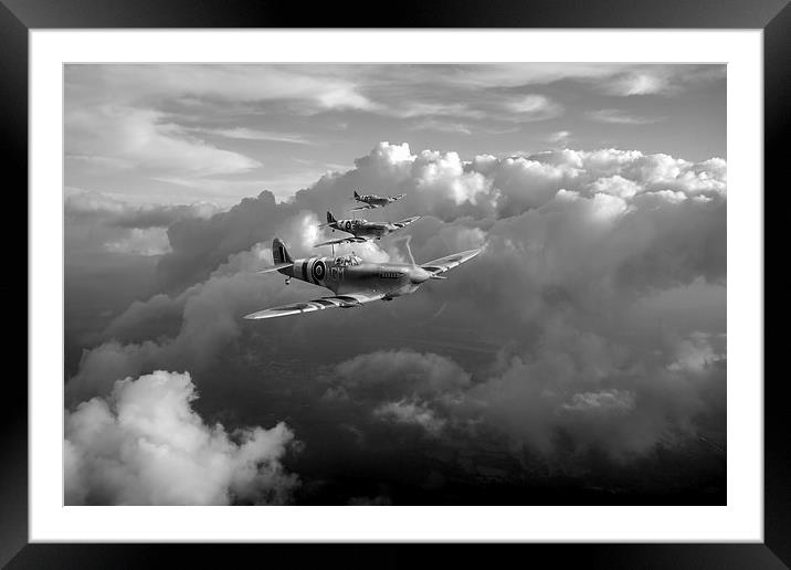 Spitfires among clouds black and white version Framed Mounted Print by Gary Eason