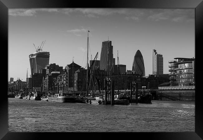 City of London river barges Wapping black and whit Framed Print by Gary Eason