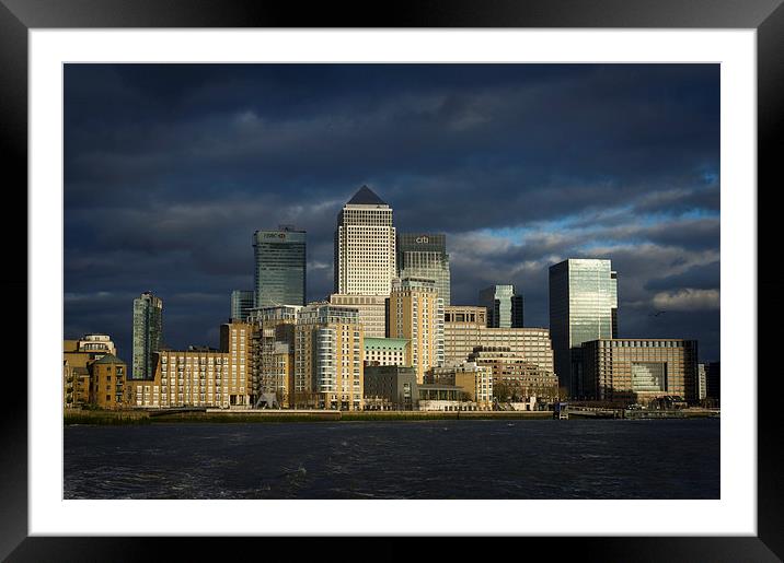 Canary Wharf sunlit from the Thames Framed Mounted Print by Gary Eason