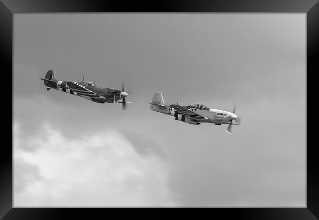 Spitfire and Mustang black and white version Framed Print by Gary Eason