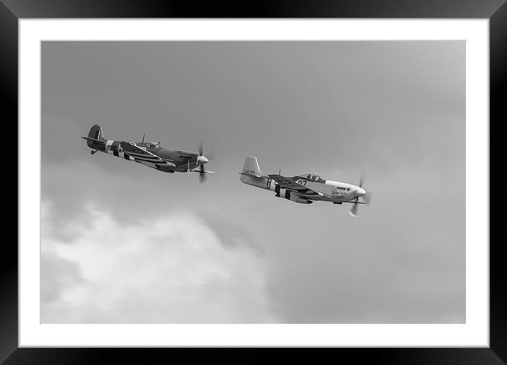 Spitfire and Mustang black and white version Framed Mounted Print by Gary Eason