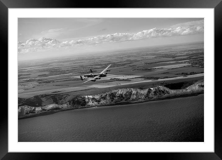 Lancaster over the white cliffs in Kent black and  Framed Mounted Print by Gary Eason