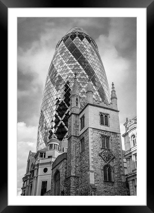 Gherkin and St Andrew Undershaft black and white v Framed Mounted Print by Gary Eason